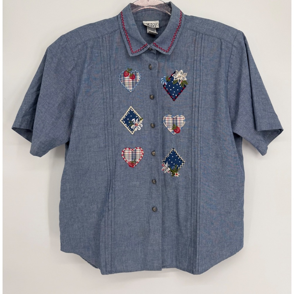 Napa Valley Petites Blue Vintage Patchwork Embroidered Button Up Shirt Sz M